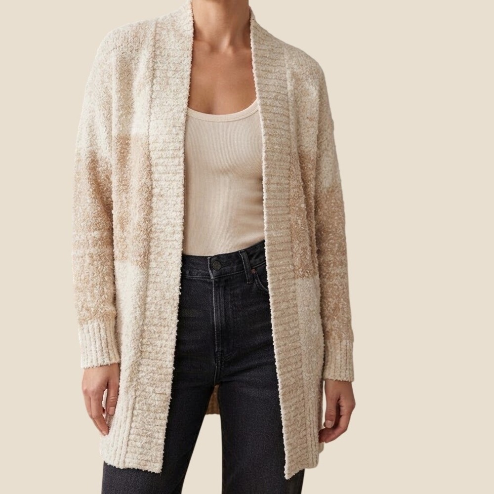 Joie Womens Cream Tan Boucle Knit Open Front Longline Cardigan Sweater Large